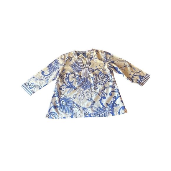 Talbots Blue White Pop Over Tunic Shirt Size Large Botanical Print - Picture 1 of 6
